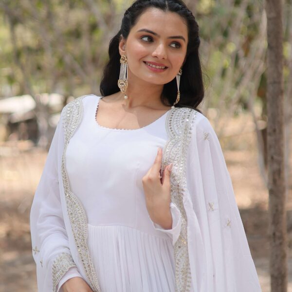 White Premium Faux Georgette Designer Gown with Sequined Dupatta ? Fully Flaired Ready-to-Wear Set