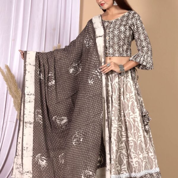 Women’s Grey Cotton Printed Lehenga Choli Dupatta Set