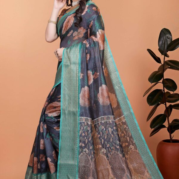 Midnight Blue Soft Silk Saree with Peach Floral Print & Aqua Zari Border