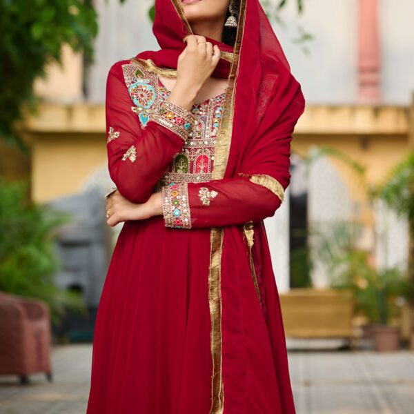 Maroon Elegant Faux Blooming Designer Gown with Sequins & Multi-Thread Embroidery ? Ethnic Dupatta Set