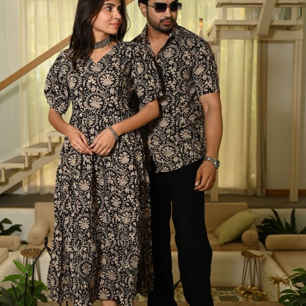 Couple Matching Red Printed Cotton Anarkali Midi Dress & Shirt Set ? Summer Casual Wear