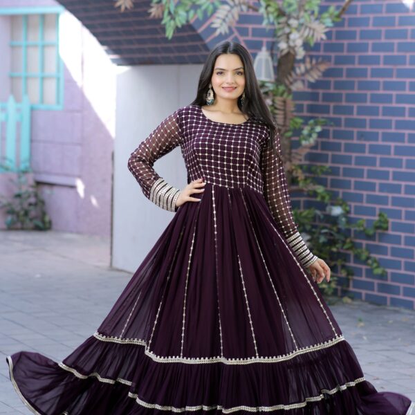 Wine Faux Blooming Designer Gown with Sequins & Zari Embroidery ? Premium Ready-to-Wear Collection