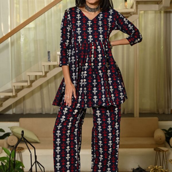 Navy Blue Handblock Print Cotton Co-ord Set for Women ? Peplum Kurta & Straight Pants