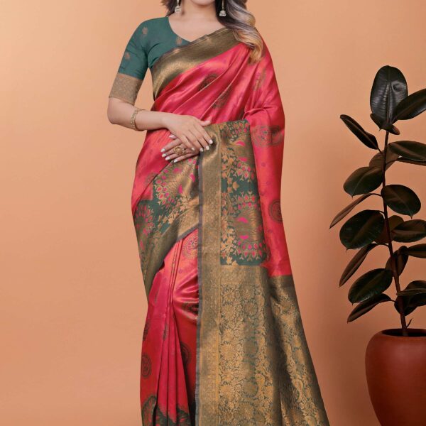 Royal Grace Banarasi Silk Saree with Floral & Peacock Zari Motifs ? Deep Rose Pink & Antique Gold with Green Border