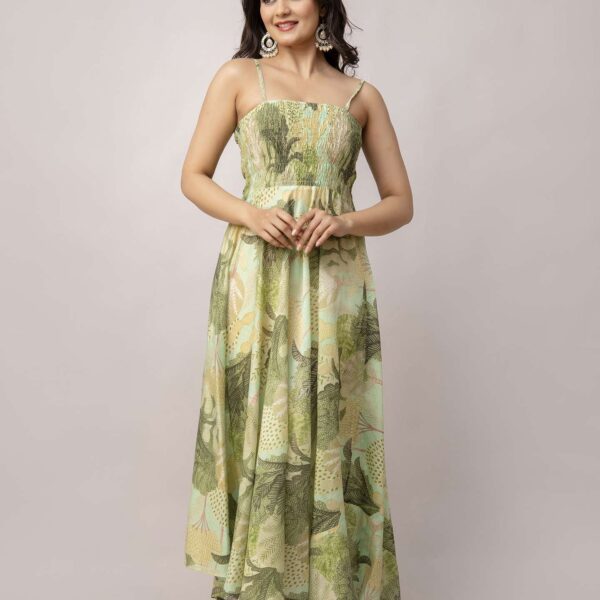 Women's Silk Printed Shoulder Straps Sleeveless Anarkali Gown Drees (Green)