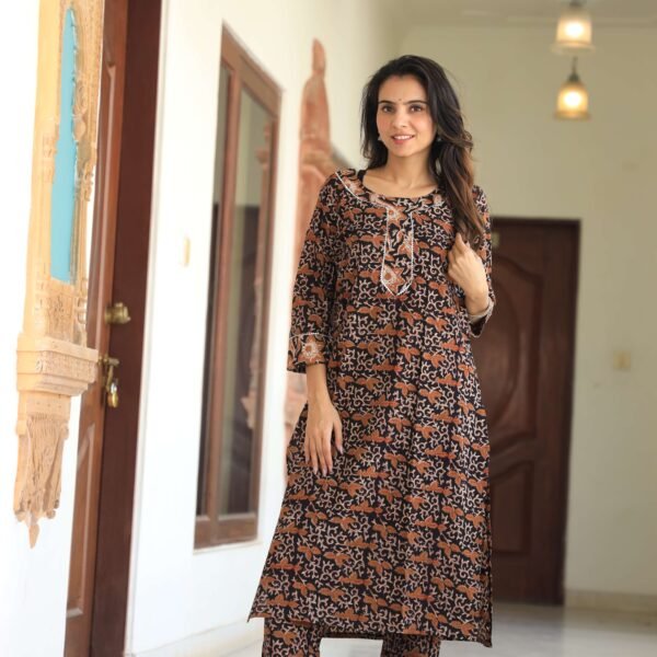 Black & Brown Printed Cotton Kurta Set for Women ? Embroidered Neckline & Straight Pants