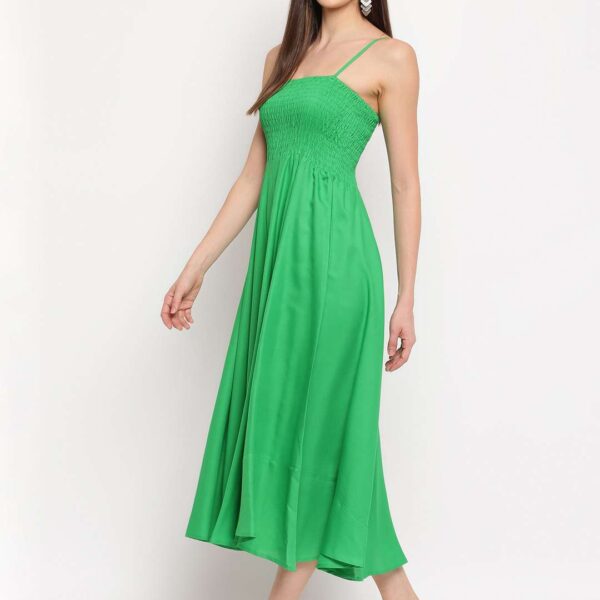 Women's Viscose Rayon Solid Shoulder Straps Sleeveless Flared Gown Drees (Green)