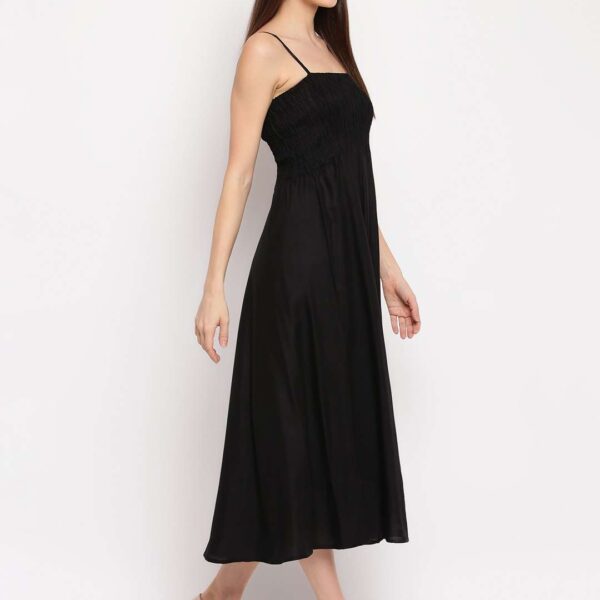 Women's Viscose Rayon Solid Shoulder Straps Sleeveless Flared Gown Drees (Black)