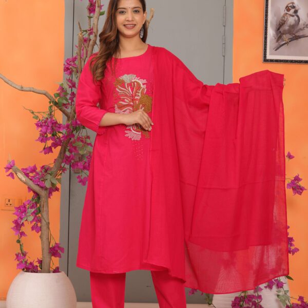 Women's Cotton Embroidery Straight Kurti With Pant Set