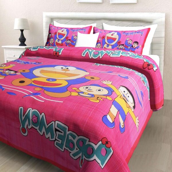Doraemon Printed Cotton Double Bed Bedsheet With 2 Pillow Covers For Kids
