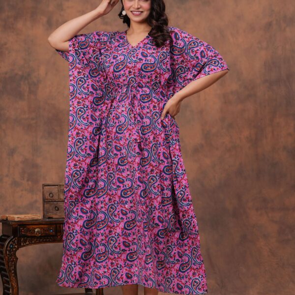 Women's Purple Blue Cotton Floral Printed Kaftan Dress with Drawstring Waist