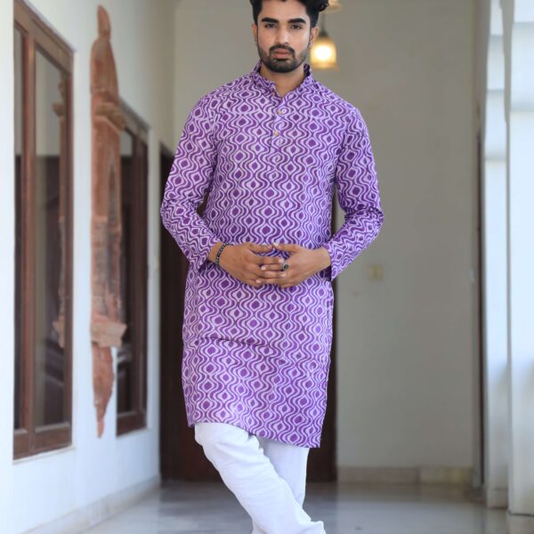 Mens Purple Printed Cotton Kurta with White Pajama ? Traditional Festive & Casual Wear