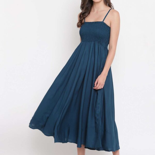 Women's Viscose Rayon Solid Shoulder Straps Sleeveless Flared Gown Drees (Teal Blue)
