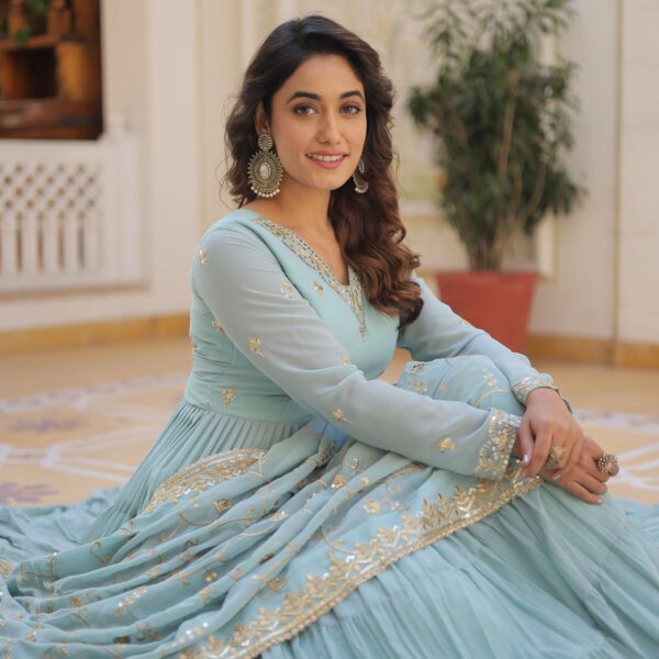 SKY Faux Georgette Designer Gown with Sequined Dupatta ? Elegant Fully Flared Party & Wedding Set