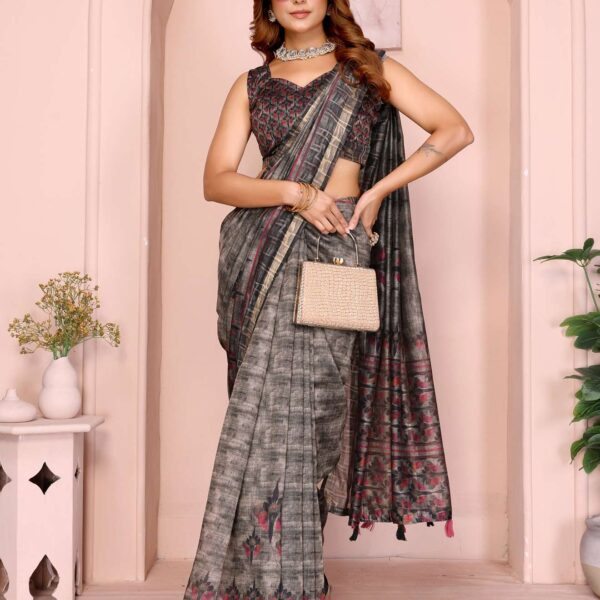 Grey & Black Floral Black Chanderi Saree ? Elegant Digital Prints with Golden Woven Border