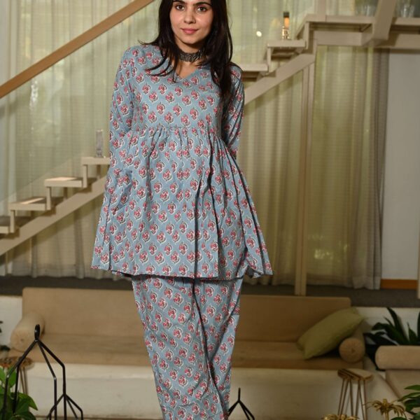 Grey Floral Block Print Cotton Co-ord Set for Women ? Peplum Kurta with Straight Pants