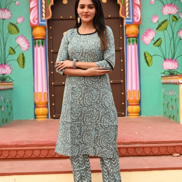 Dusty Teal Green Cotton Kurta Set for Women ? White Floral Block Print with Contrast Pants
