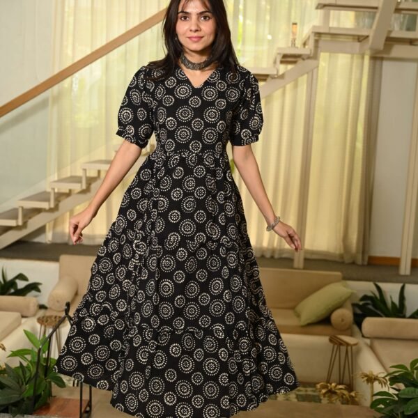 Black Printed Cotton Anarkali Maxi Dress with Puff Sleeves Elegant Casual Wear