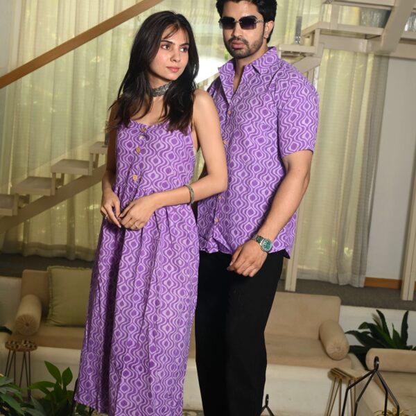 Couple Matching Outfit ? Purple Cotton Printed Midi Dress & Shirt Set, Stylish Summer Wear