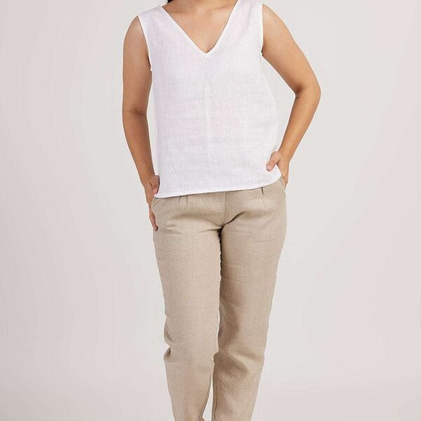 Women's Cotton Solid V Neck Sleeveless 2 Piece Outfit Loose Tank Top and Wide Leg Palazzo Pants Sets cord set ( White Beige )