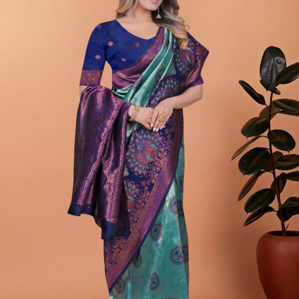 Peacock Aura Banarasi Silk Saree ? Teal Green & Royal Purple with Zari Pallu