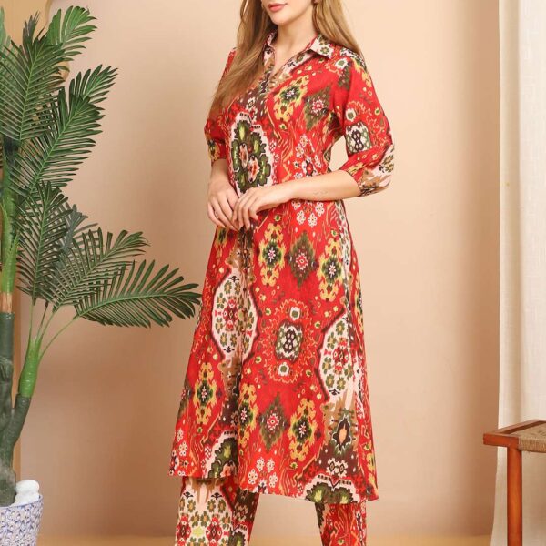 Women's Pure Cotton Printed Collared Top and Pant Co-ord Set (Multti Color4)