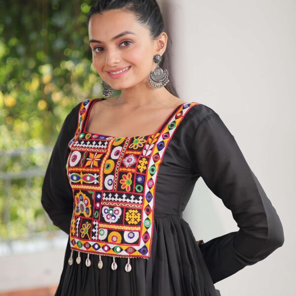 Black Navratri Special Black Peplum Top in Roman Fabric with Kutchi Gamthi Work ? Festive Ethnic Wear