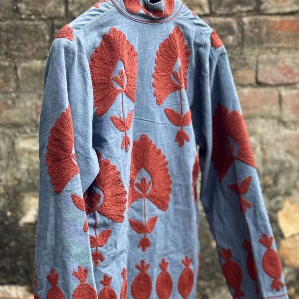 Womens Light Blue Velvet Embroidered Jacket with Floral Design