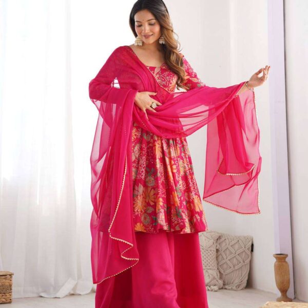 Women's Pure Romansilk Chanderi Printed Anarkali Kurti With Palazzo & Dupatta Set