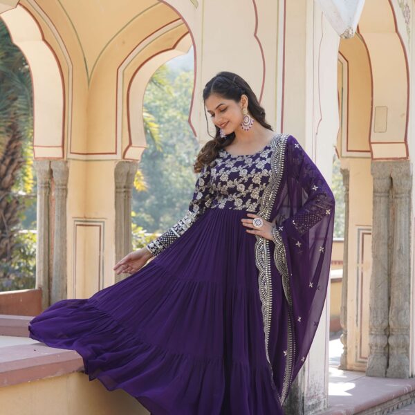 Purple Faux Blooming Designer Gown with Sequined Dupatta ? Elegant Fully Flared Ready-to-Wear Set
