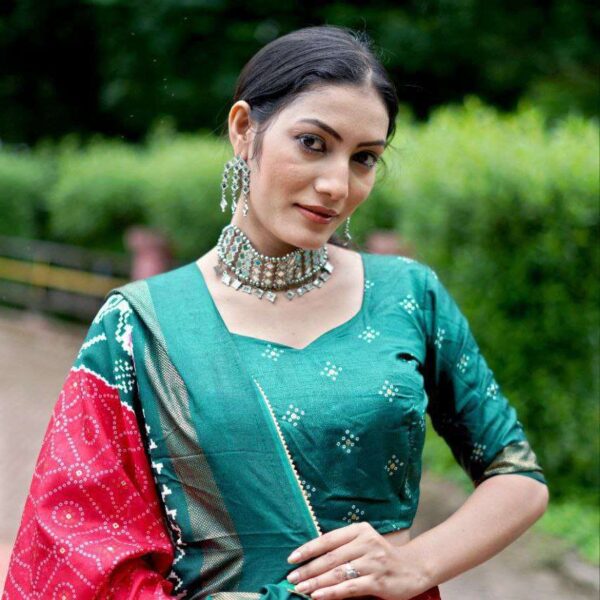 Green Dola Silk Lehenga Choli with Red Blouse | Bandhej & Ajarakh Print | Wedding & Festive Wear