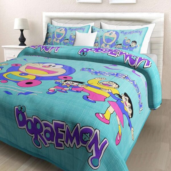 Doraemon Printed Cotton Double Bed Bedsheet With 2 Pillow Covers For Kids