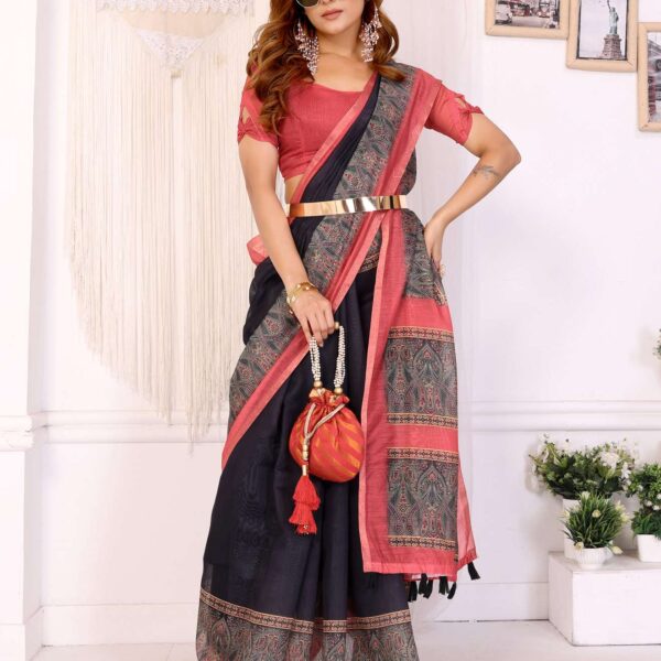 Elegant Black Chanderi Saree with Reddish Pink Printed Border ? Classic & Festive