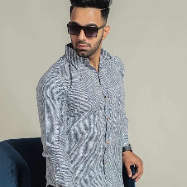 Men?s Blue & White Striped Cotton Linen Shirt ? Full Sleeve Casual Wear