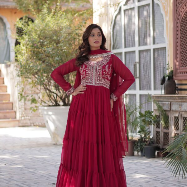 Pink Faux Blooming Georgette Gown with Pearl-Embroidered Dupatta