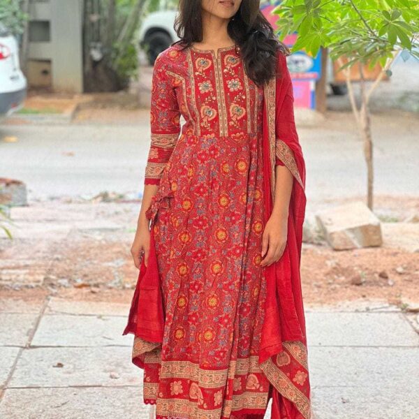 Women's Cotton Anarkali Embroidery Designer Long Anarkali Kurti With Pant and Dupatta Set (Red)