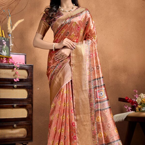 Copper-Rose Soft Silk Saree with Geometric Patola-Inspired Pallu & Zari Border