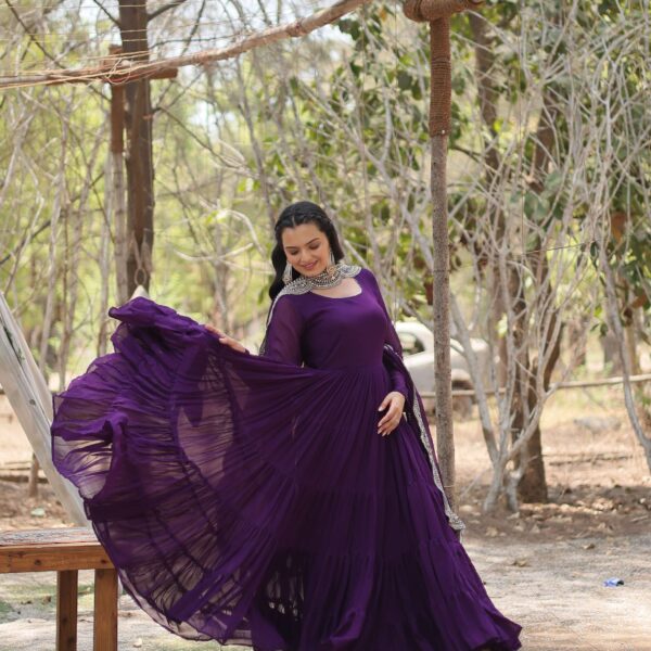 Purple Premium Faux Georgette Designer Gown with Sequined Dupatta ? Fully Flaired Ready-to-Wear Set