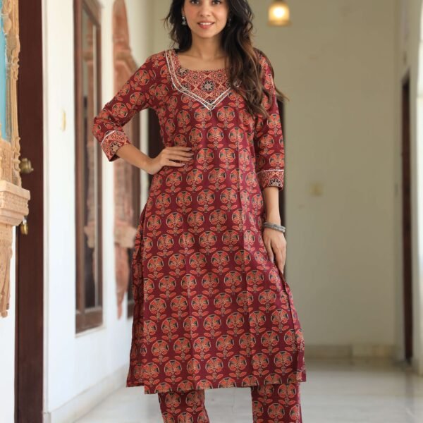Women?s Maroon Cotton Kurta Set with Pants