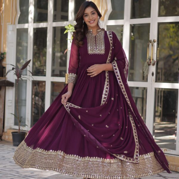 New Wine Faux Blooming Georgette Sequins Embroidered Gown with Matching Dupatta