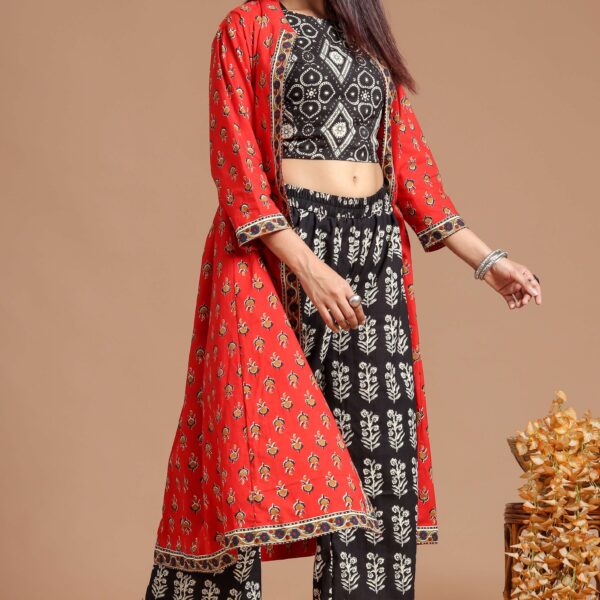 Women's Printed Long Shrug with Crop Top & Floral Pant Set