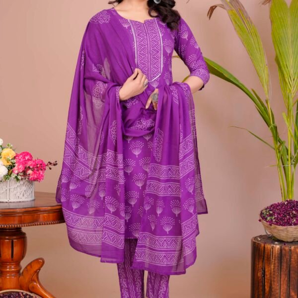 Women's Violet Cotton Printed Straight Kurti with Pant & Dupatta Set