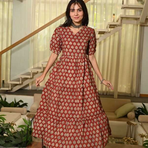 Red Printed Cotton Anarkali Maxi Dress with Puff Sleeves Elegant Casual Wear