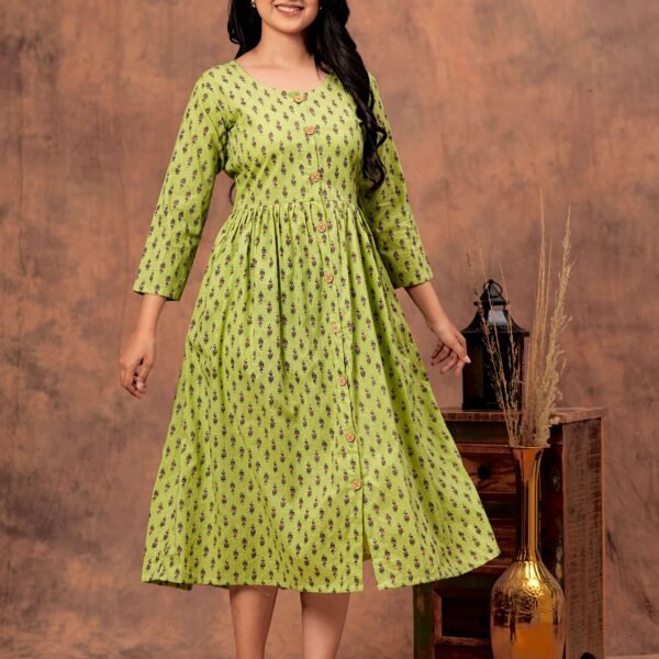 Pista Green Floral Printed Cotton Midi Dress with Button-Down Front
