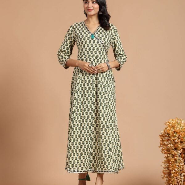 White And Grey Printed Anarkali Maxi Dress with Wrap Style V-Neck & 3/4 Sleeves