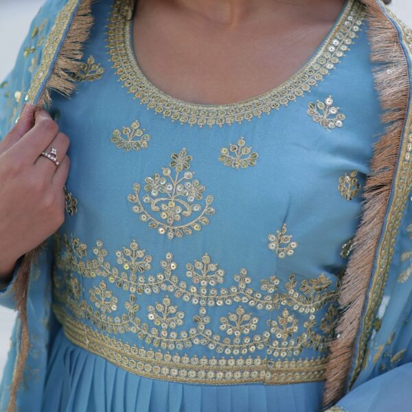 Sky Star Georgette Fully Flared Gown with Sequins Embroidered Dupatta & Lace Border