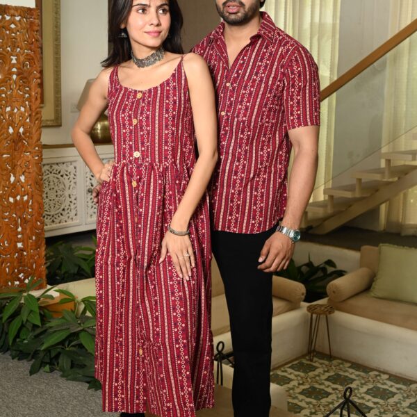 Couple Matching Outfit ? Maroon Cotton Striped Printed Midi Dress & Shirt Set, Casual Summer Wear