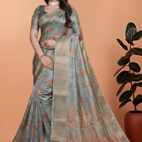 Sage Green Soft Silk Saree with Elegant Floral Prints & Rich Pallu
