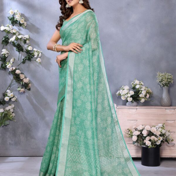 Timeless Sea Green Woven Pattern Linen Shimmer Saree with Matching Blouse