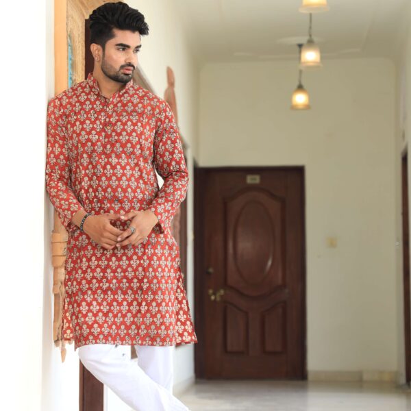 Mens Red Printed Cotton Kurta with White Pajama ? Traditional Ethnic Wear for Festive & Wedding